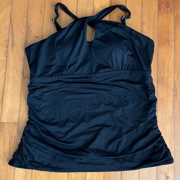 Lands End Size L 14 16 D Cup Tankini Top Black Twist Front  Neck Ruched - Picture 1 of 3